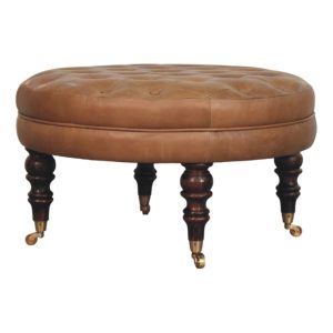 Brown Buffalo Leather Round Ottoman with Castor Legs