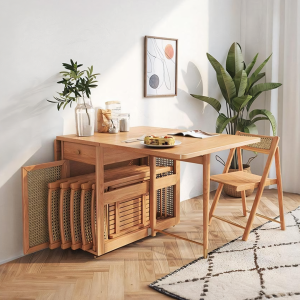 Nydia Foldable Dining Table Set With Storage, Rattan, Solid Wood