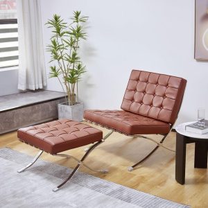 Barcelona Chair And Ottoman, Brown Leather