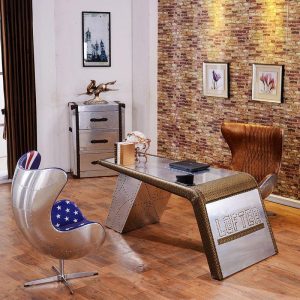Timothy Oulton J8 Aviator Desk, Office Desk, Aluminium With Leather