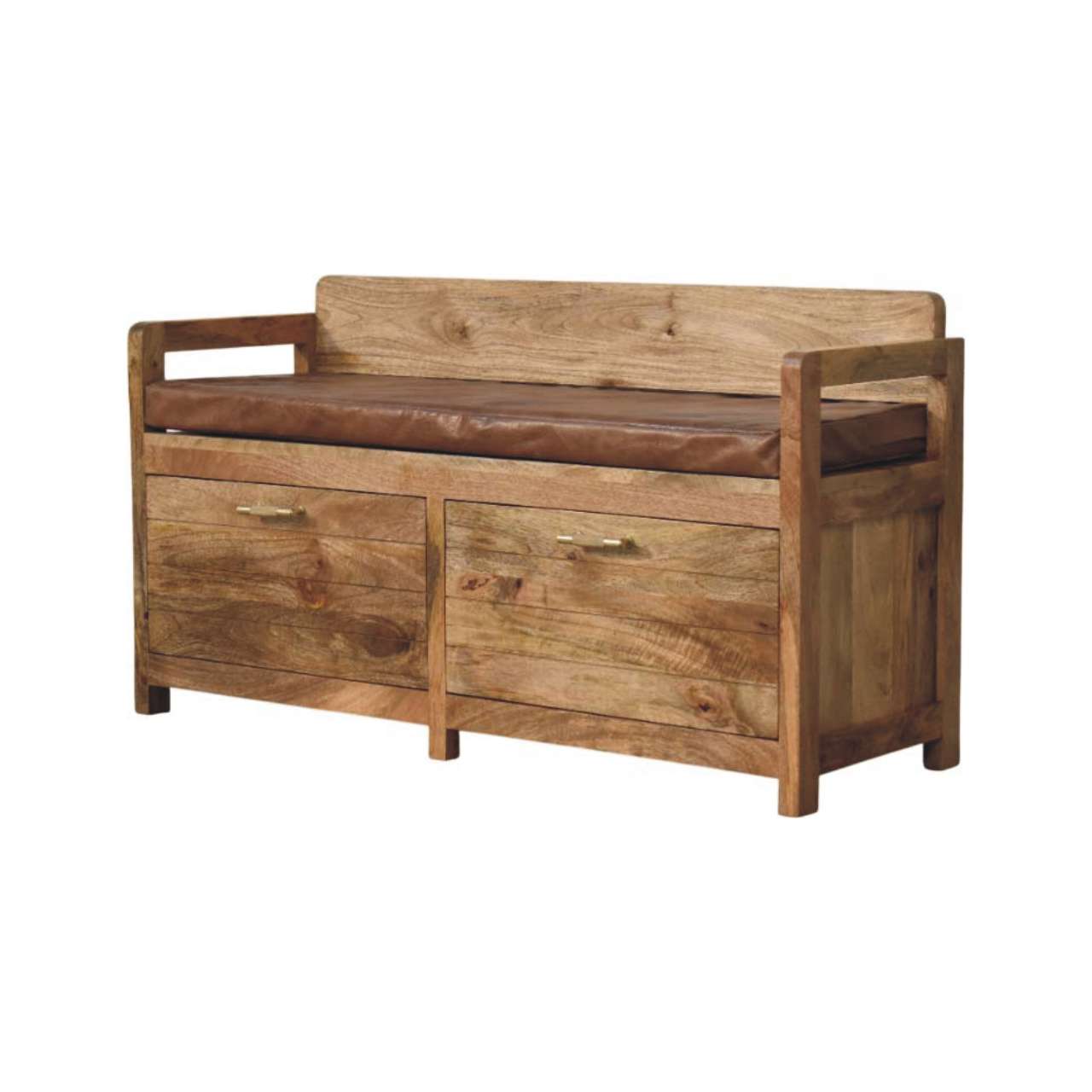 Oakish Storage Bench with Brown Leather Seat - Image 3