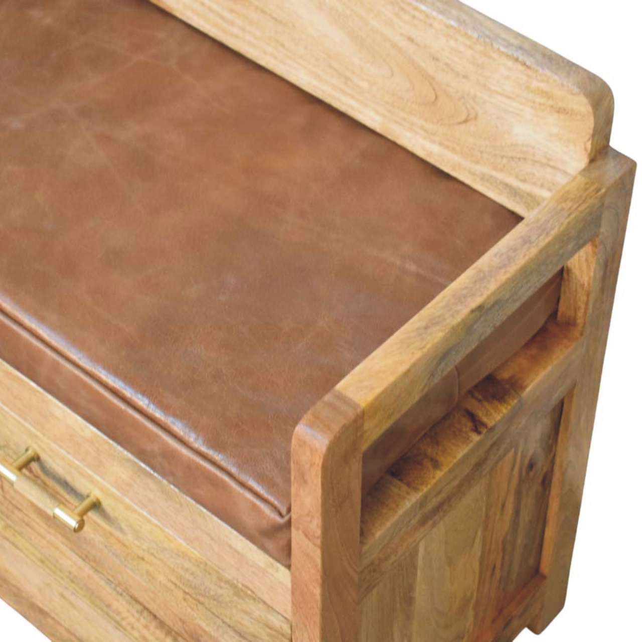 Oakish Storage Bench with Brown Leather Seat - Image 5