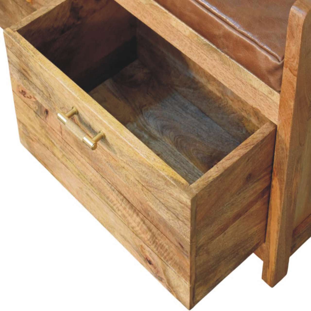 Oakish Storage Bench with Brown Leather Seat - Image 7